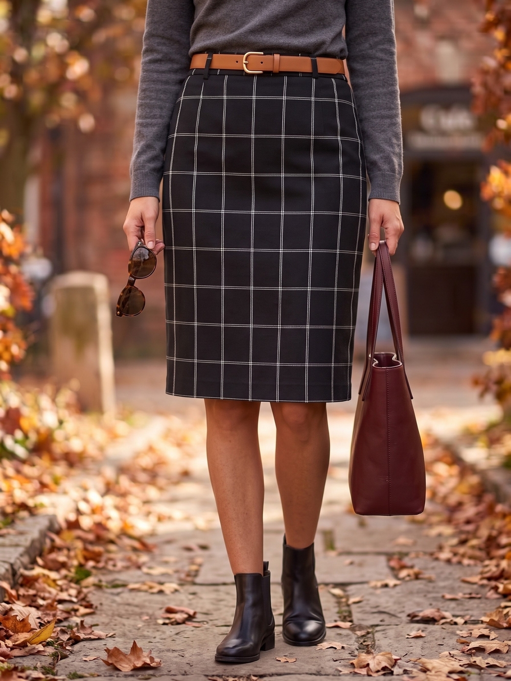Vintage Plaid Windowpane Pencil Skirt Dark Academia Corpcore 90s Minimalism